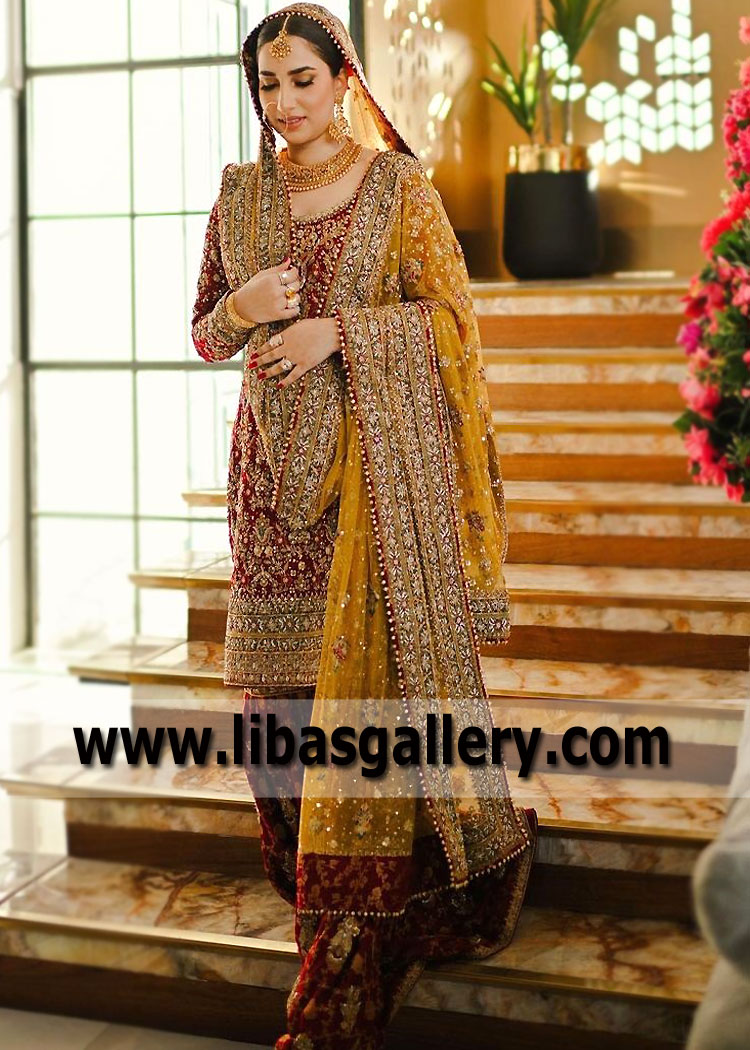 Ruby Wine Marigold Wedding Gharara Dress