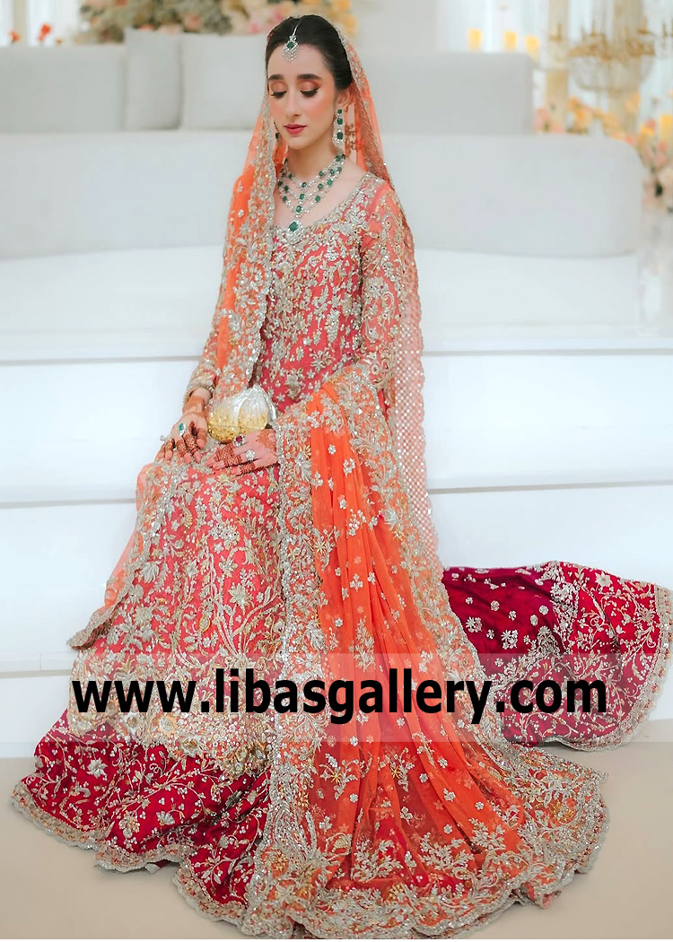 Crayola Orange Embellished Amaryllis Long Shirt and Ruby Red Lehenga