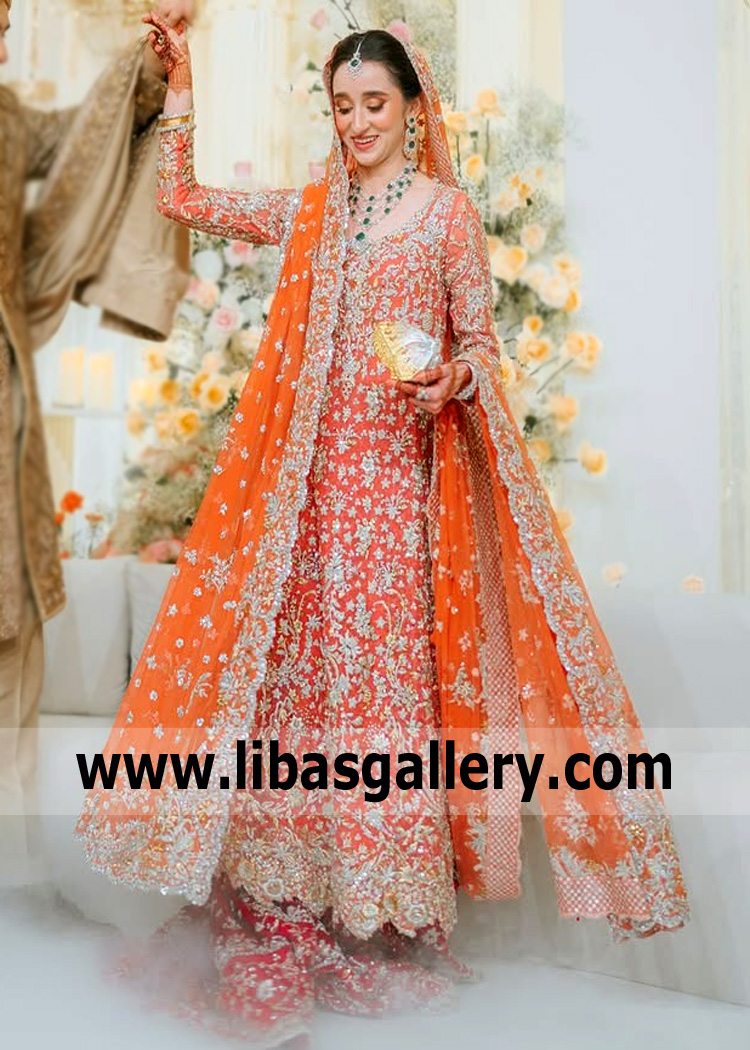 Crayola Orange Embellished Amaryllis Long Shirt and Ruby Red Lehenga
