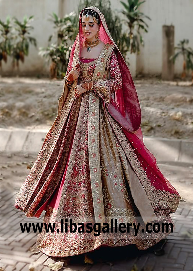 Pictorial Carmine Freesia Pishwas and Lehenga