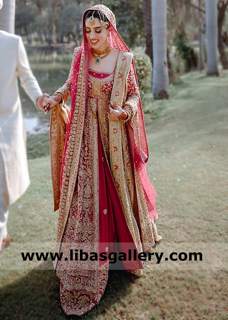 Pictorial Carmine Freesia Pishwas and Lehenga