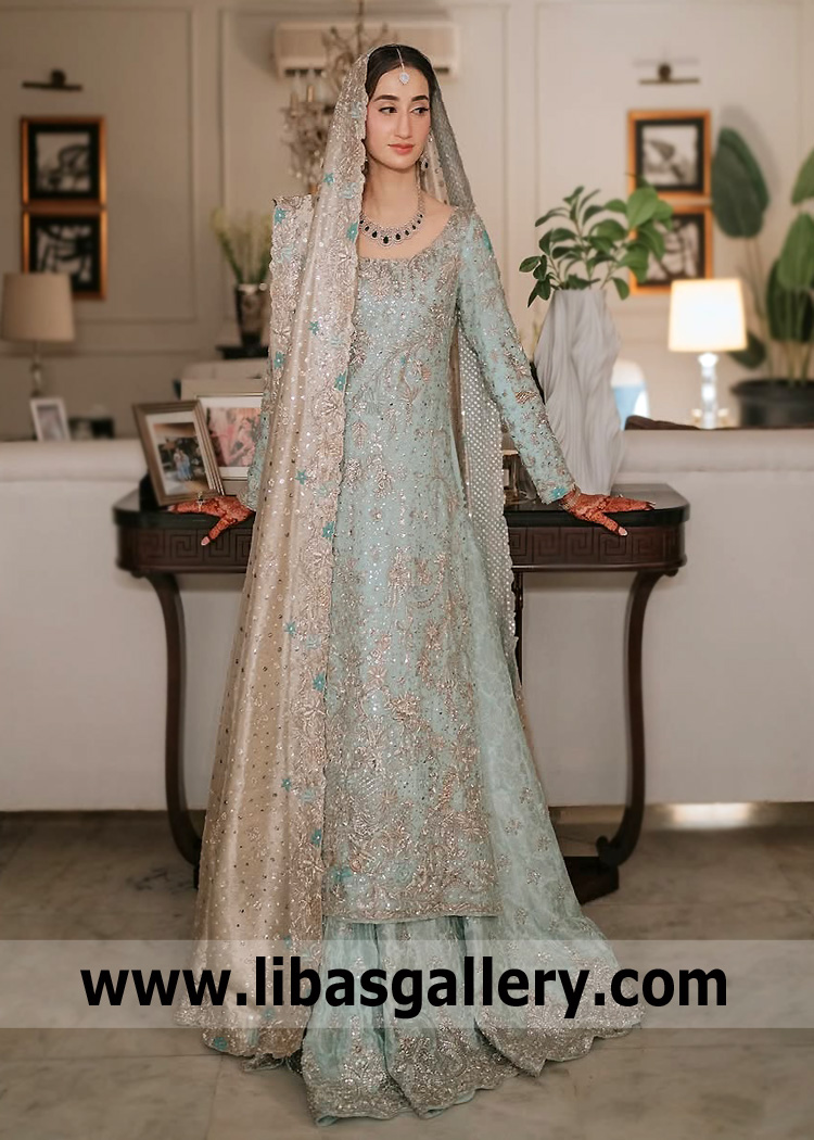 Cambridge Blue Bridal Dresses Pakistan Bridal Outfit Pakistani Beverly Hills California CA USA Long Shirt and Lehenga