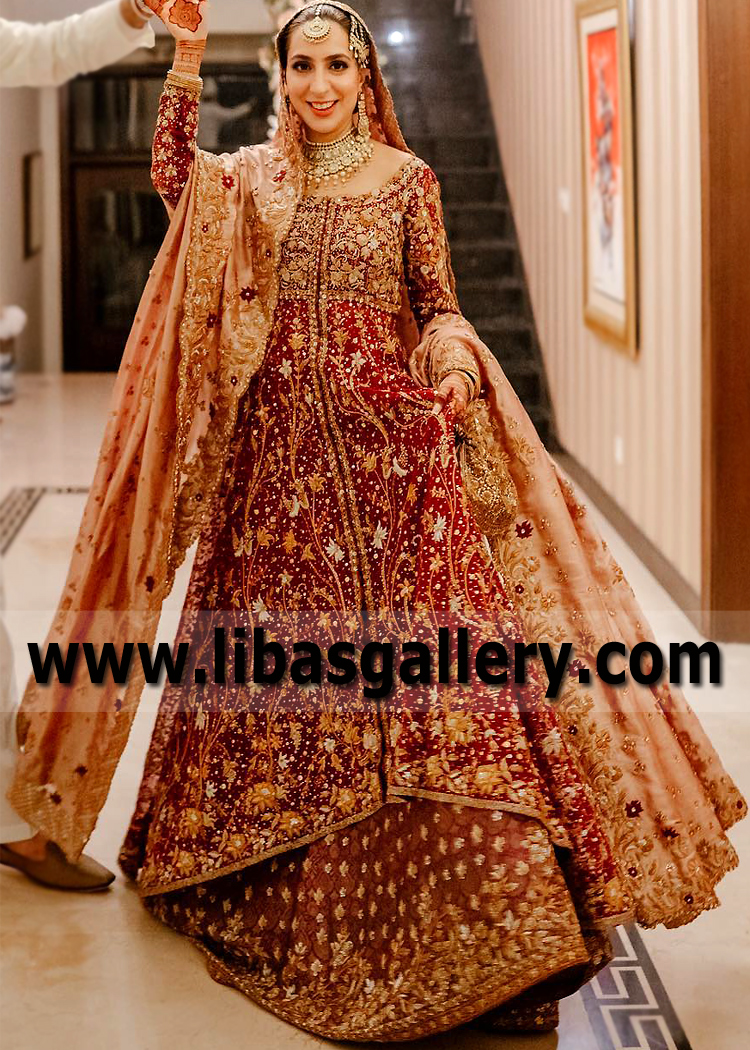 Traditional Maroon Salmon Fleur Lehenga