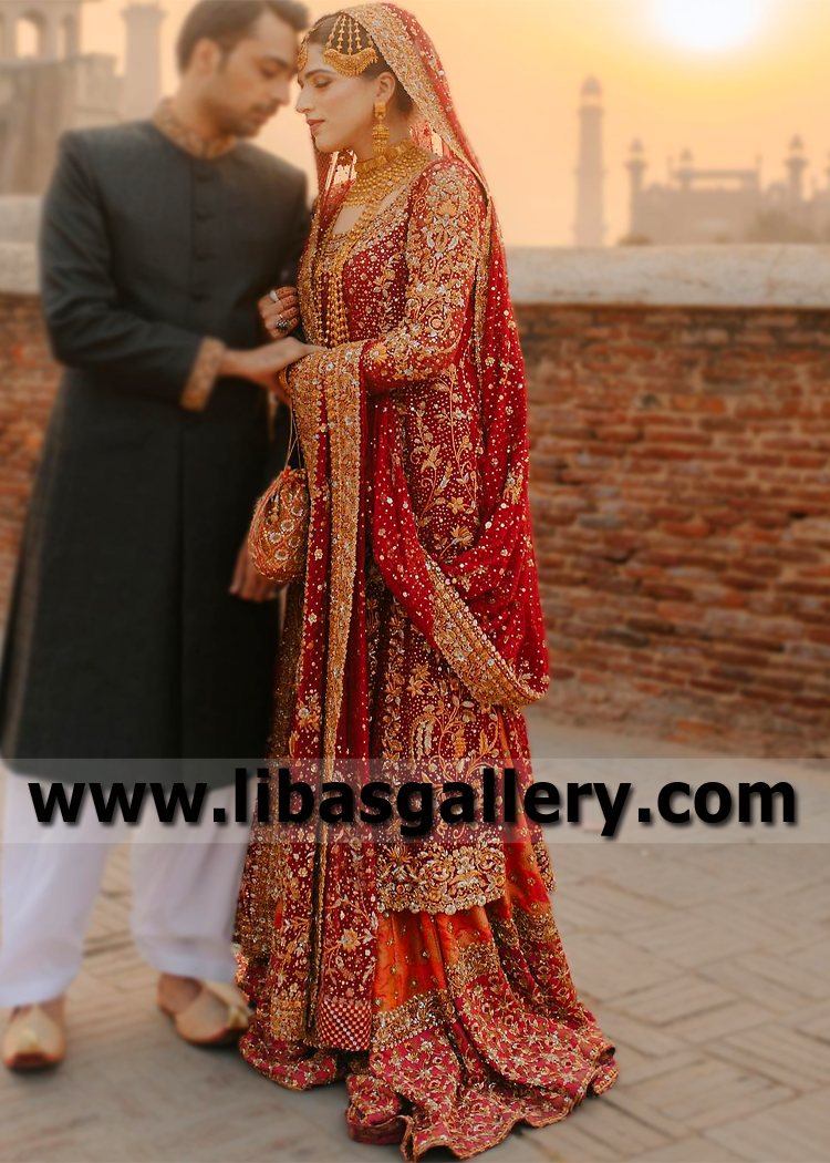 Splendid Red Orange Bridal Gharara Dress for Wedding
