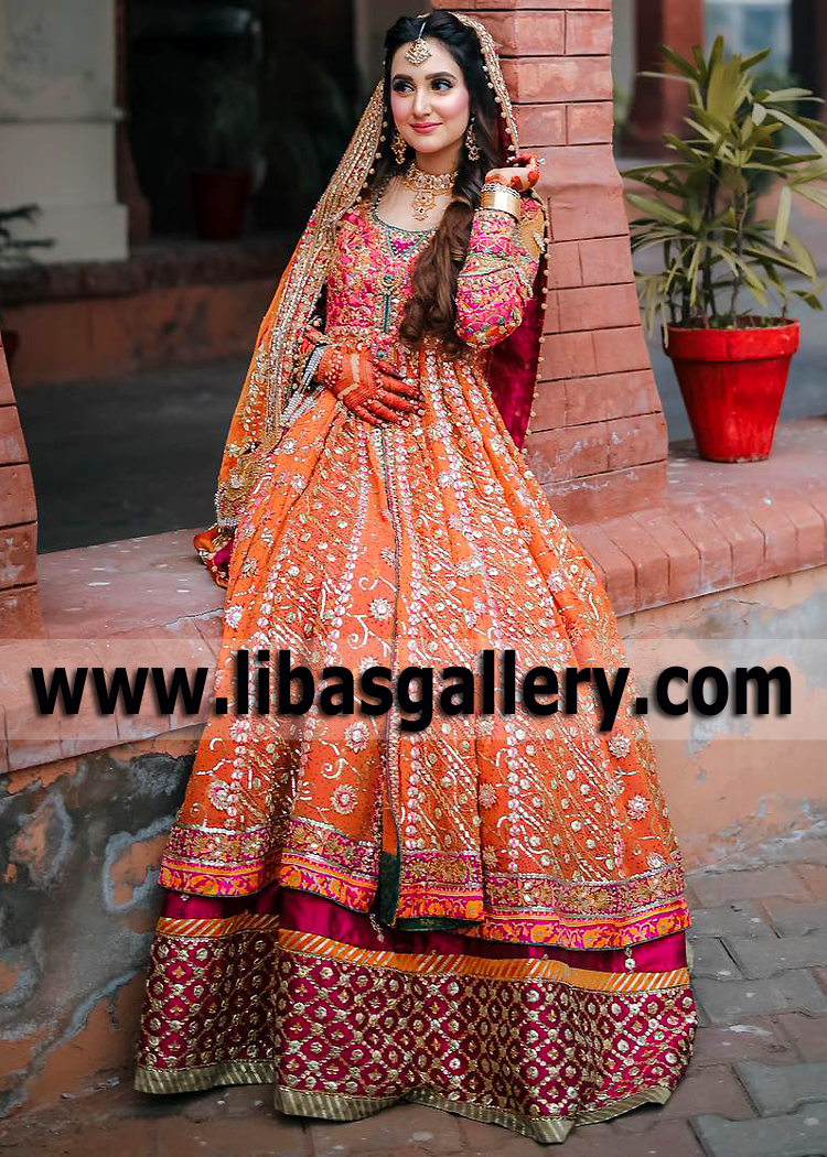 Burnt Orange Daisy Mehndi Bridal Pishwas