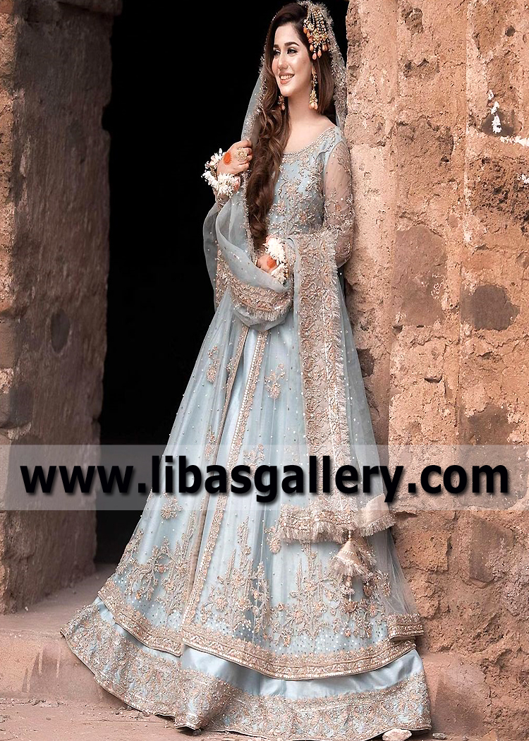 Ice Blue Alcea Peshwas Bridal Dress for Nikah