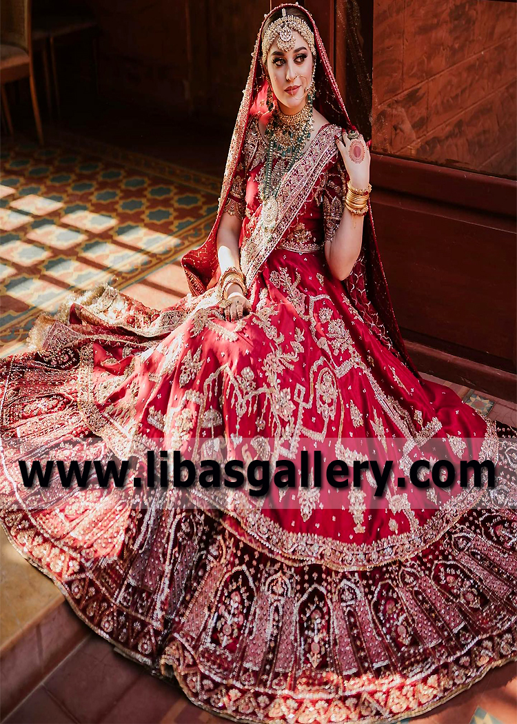 RED PAKISTANI BRIDAL GOWN WITH MULTICOLORED TRAIL – Sahil Exclusive