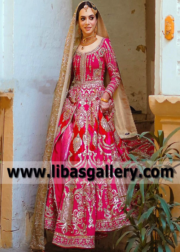 Beautiful Deep Fuchsia Pishwas Style Wedding Dress