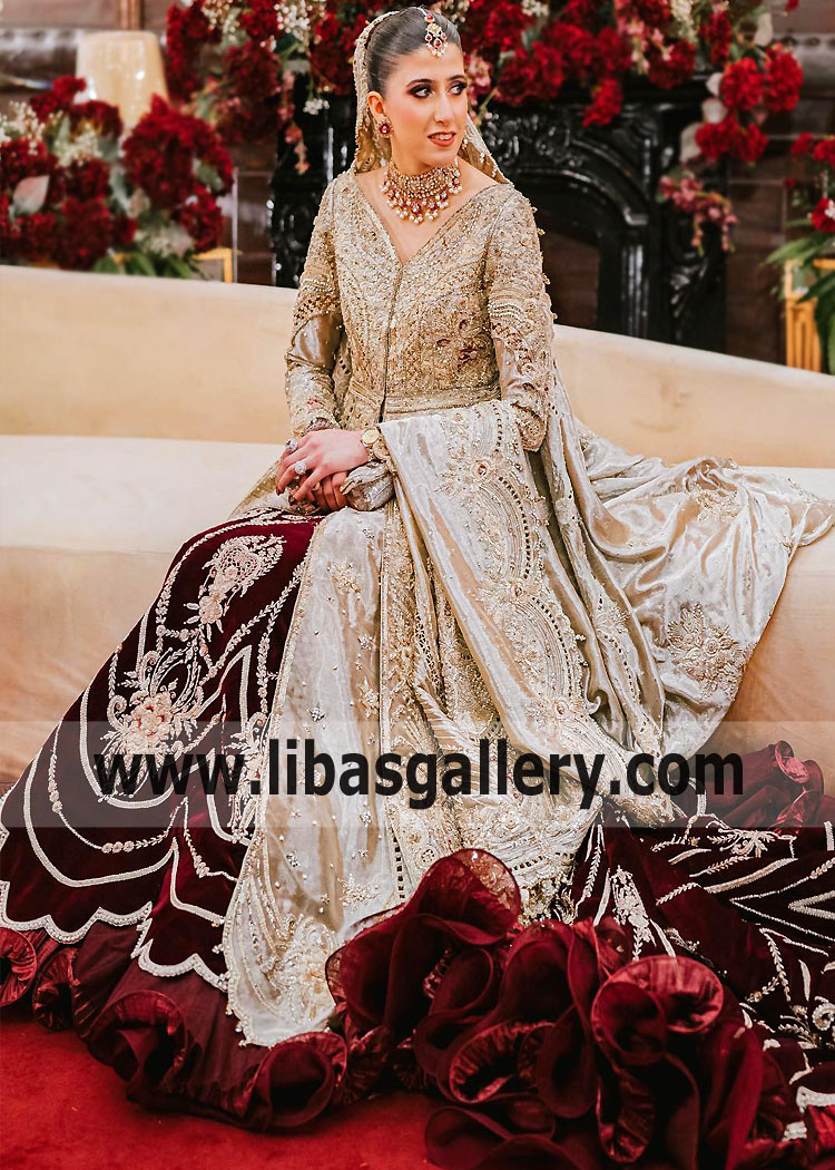 Champagne Maroon Dhalia Wedding Dress with Long Train