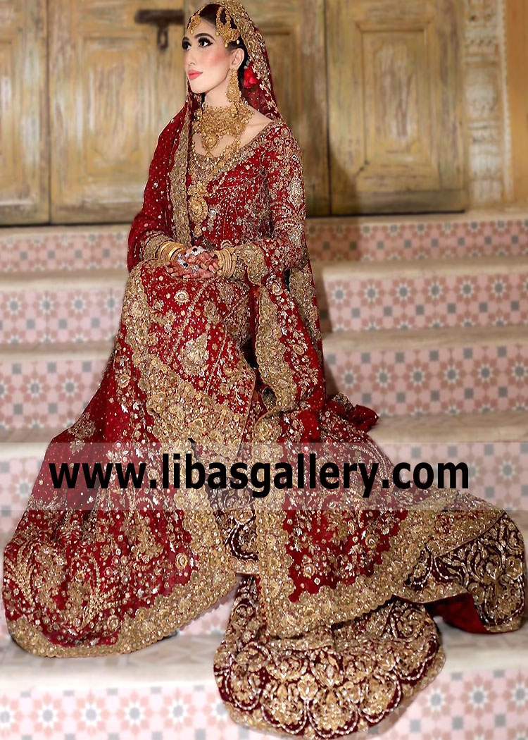 Claret Red Laurel Bridal Dress Farshi Lehenga
