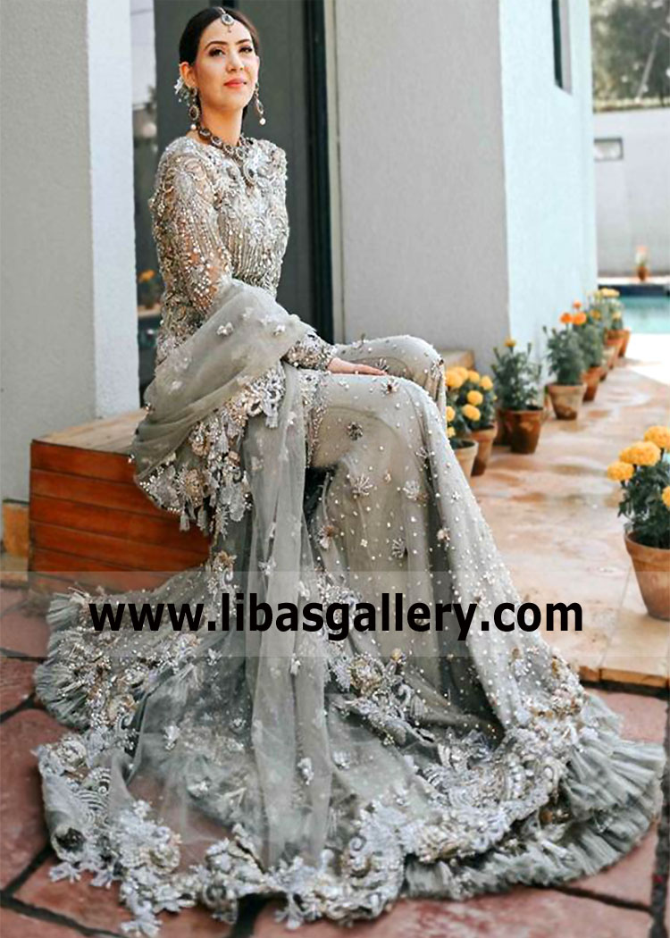 Cambridge Blue Bridal Sharara for Engagement Bride and Wedding Guest