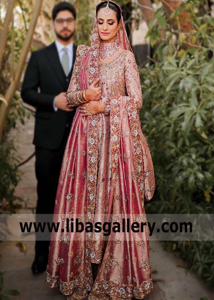 Cherry Blossom Pink Pakistani Bridal Wear Anarkali Lehenga