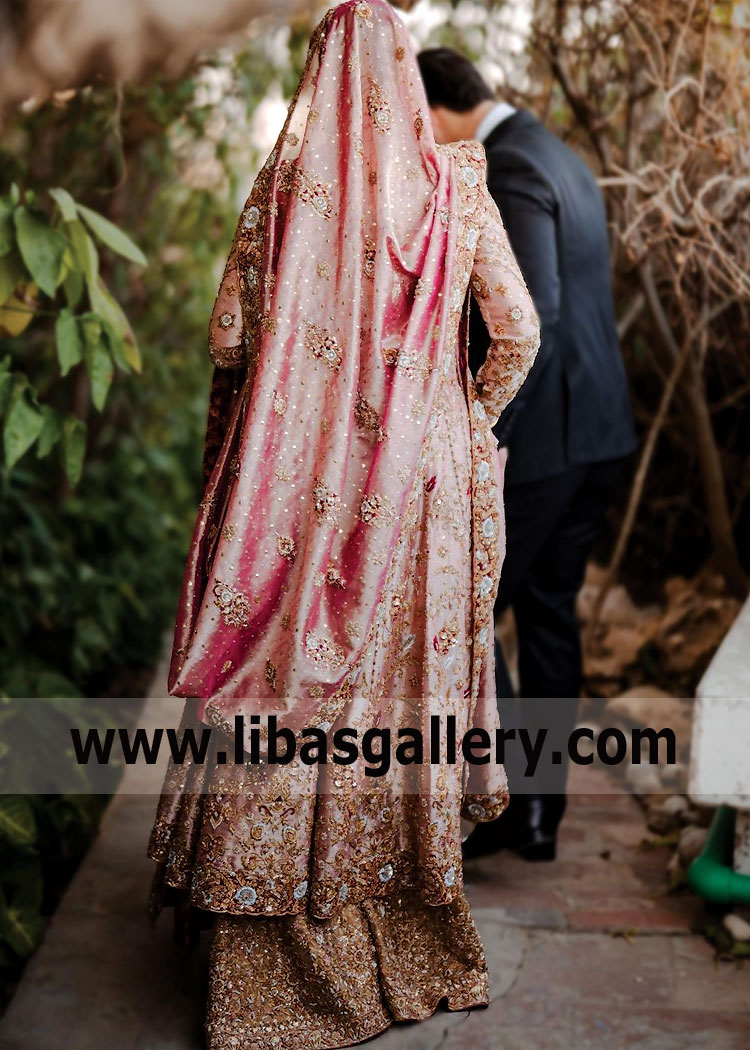 Cherry Blossom Pink Pakistani Bridal Wear Anarkali Lehenga