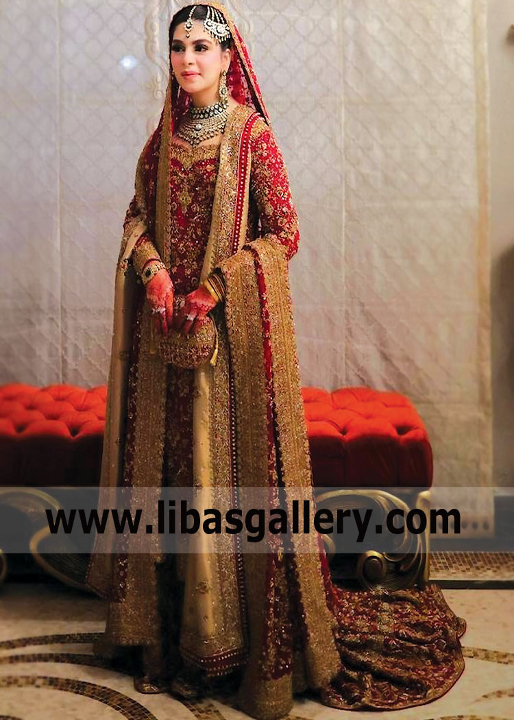Red Golden Long Kameez Lehenga Pakistani Wedding Dress