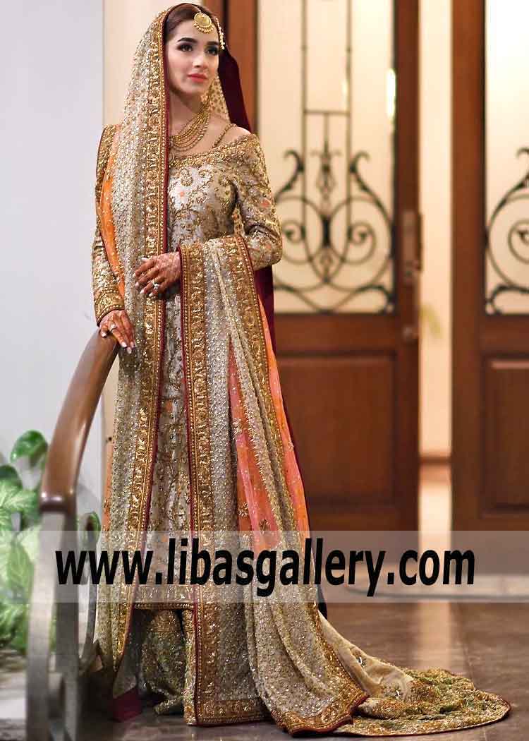 Traditional Antique Gold Bridal Dress with Gorgeous Lehenga for Wedding and Valima Reception