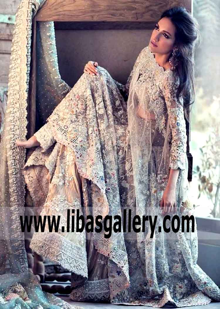 Beautiful Wedding Gown with Flared Lehenga and Gorgeous Embellished Dupatta