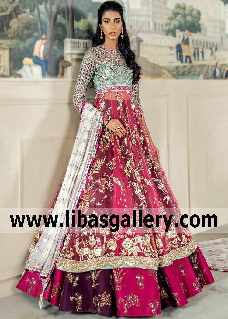 Persian Green Purple Bridal Anarkali for Wedding Special Occasions