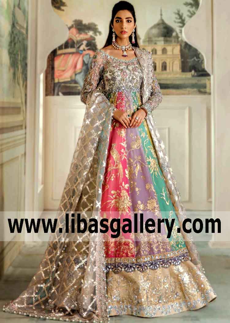 Multi Color Embellished Anarkali Bridal Lehenga