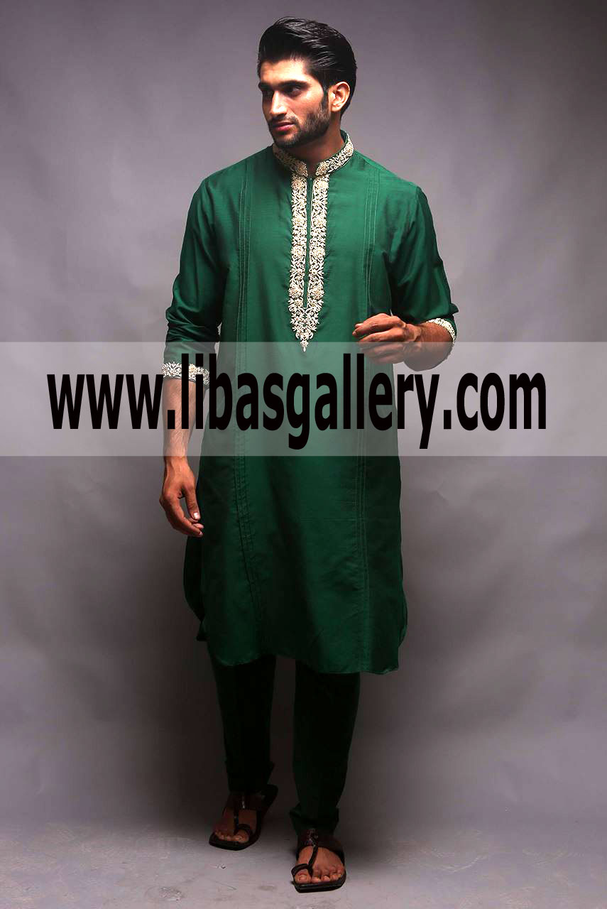 Green Color Embroidered Kurta pajama Excellent