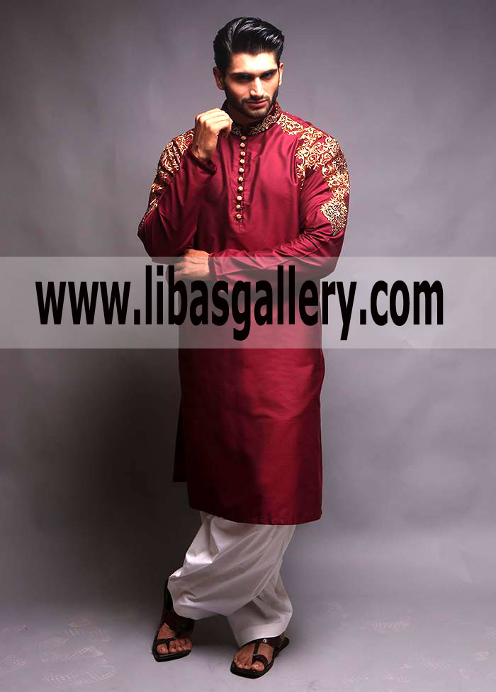 Bold Red Kurta Embroidered with White Shalwar Mens