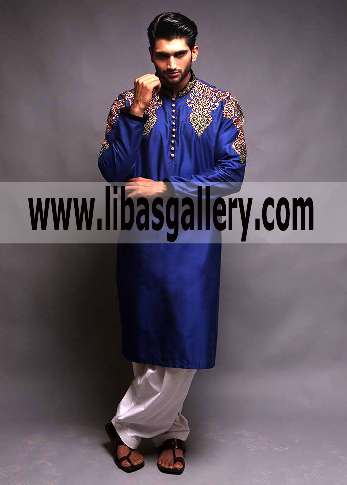 Sharp Blue Mens Kurta Embroidery work for Mehndi