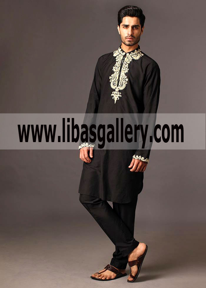 Black Men Kurta with White Embroidery Exclusive