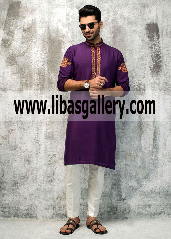 purple embroidered kurta embroidery anchor on arm collar front men`s wear UK USA Canada
