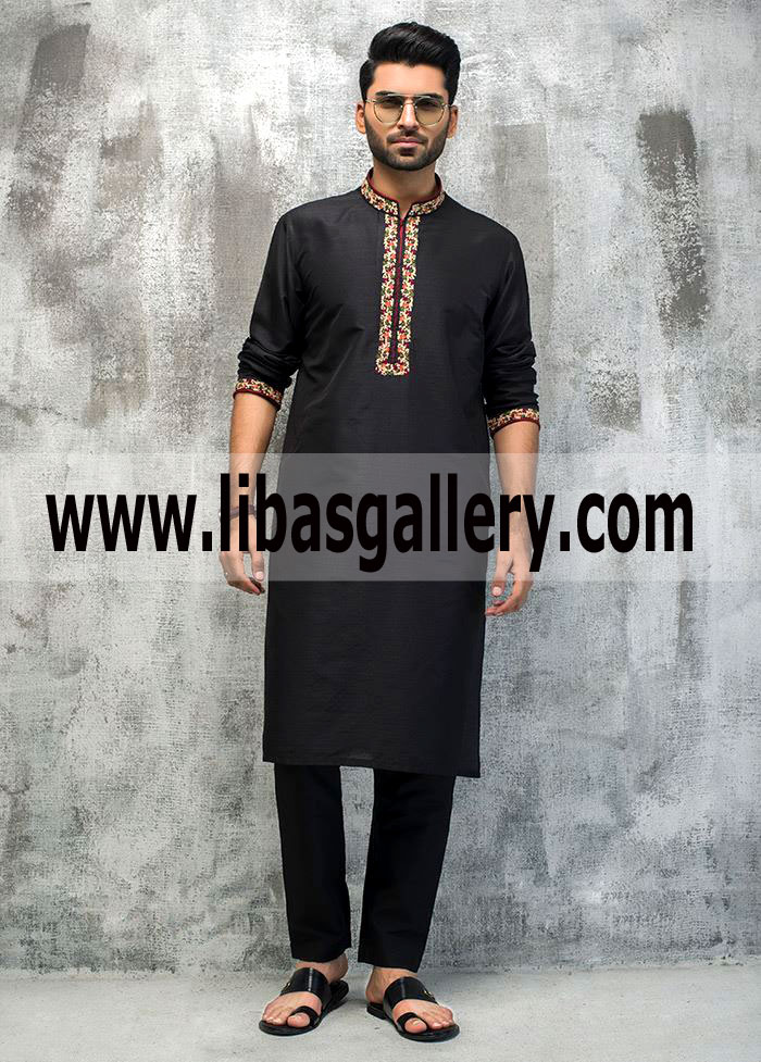 make your mood for smart fit embroidered black kurta for eid mehndi event Southhall London UK