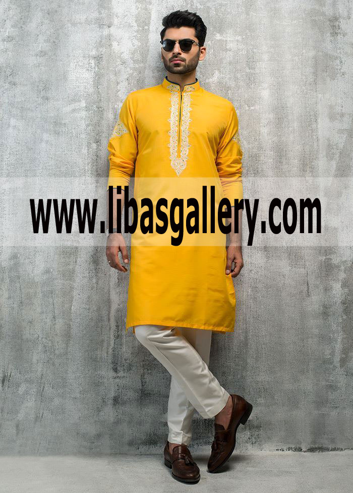 Mayoon Yellow kurta Embroidered for Men order online bespoke kurta pajama UK USA Dubai