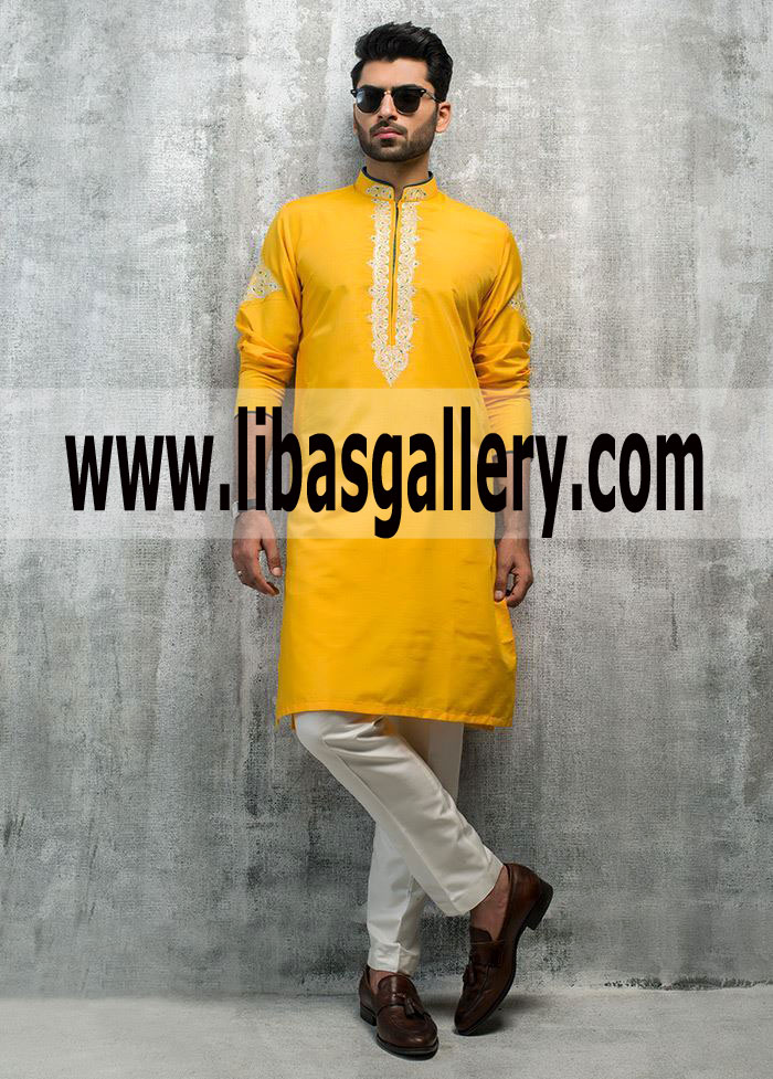 Mayoon Yellow Embroidered Men Kurta