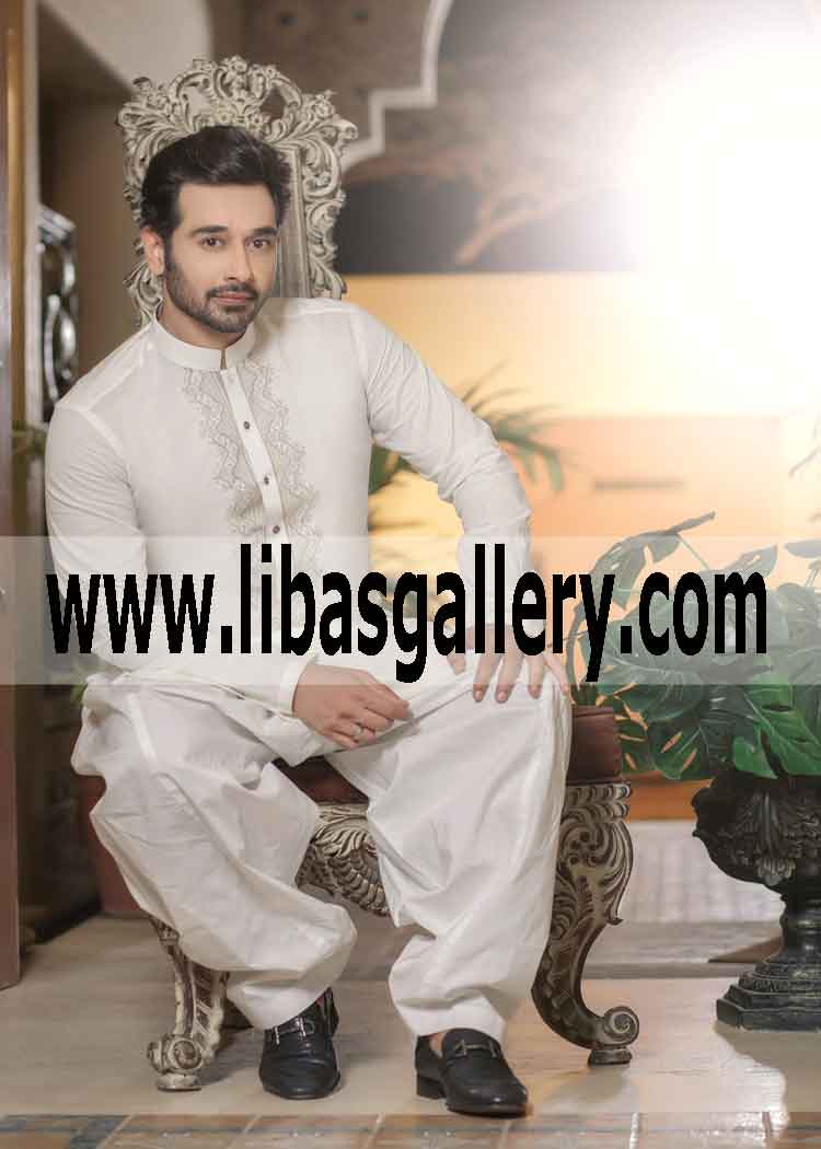 off white embroidered kurta for men front side embroidery shalwar included UK USA Canada 