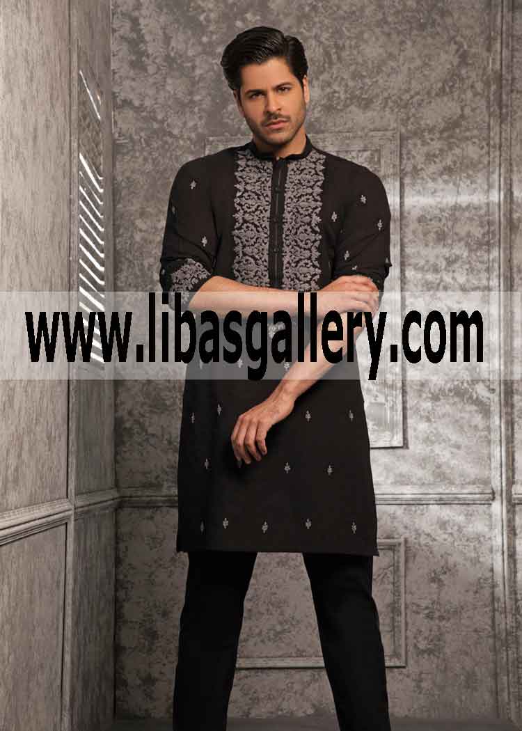 black embroidered kurta resham thread embroidery on front and cuff best for occasion London southhall UK