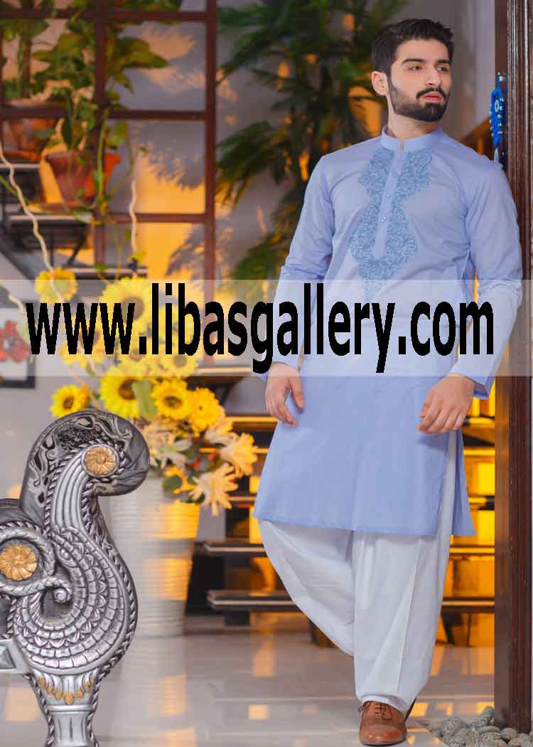 Latest color sky blue embroidered kurta Men’s wear custom size stitching by professional Gents Tailor Pakistan 