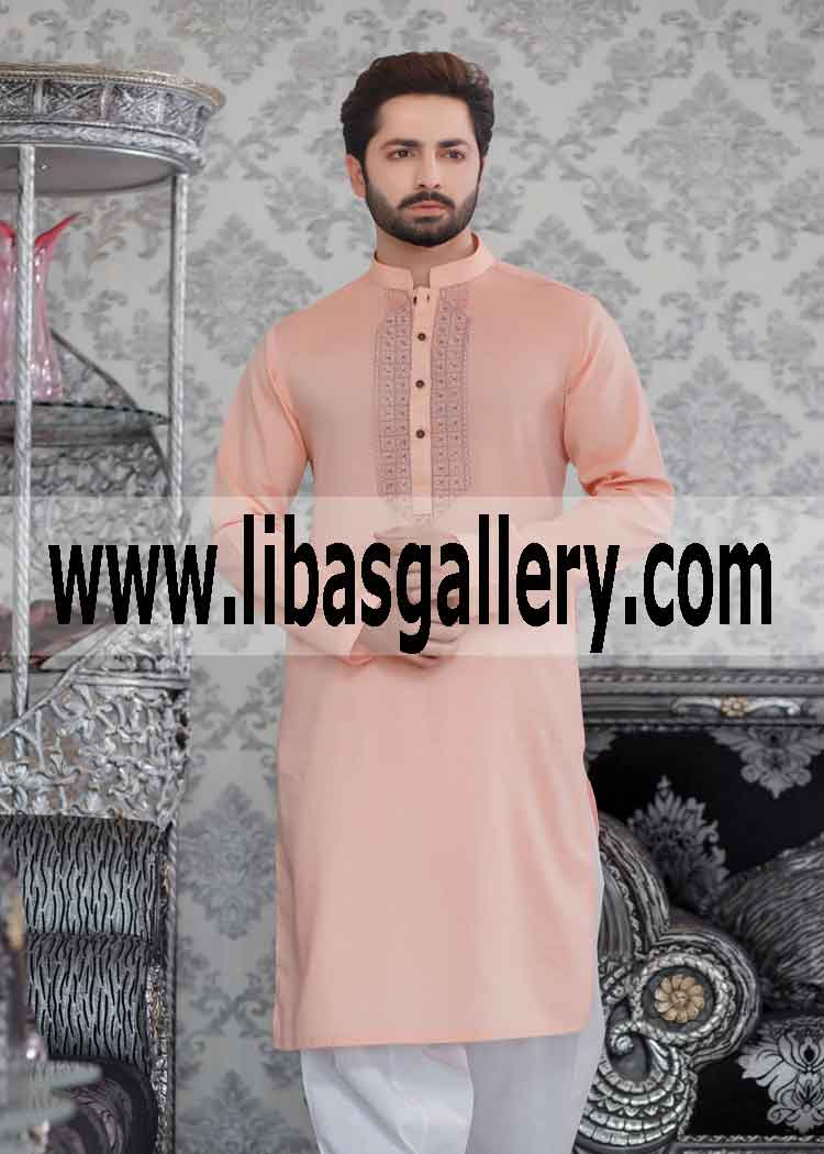 Light Peach Embroidered Kurta for men Crocus