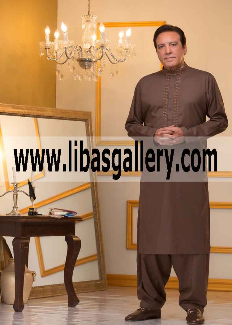 Shop online celebrity style brown kurta shalwar for your father and brother birth day Glasgow Scotland