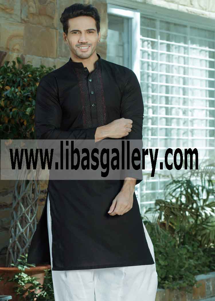 Brother going to attend dinner in susral wearing Black embroidered kurta white shalwar UK USA Canada