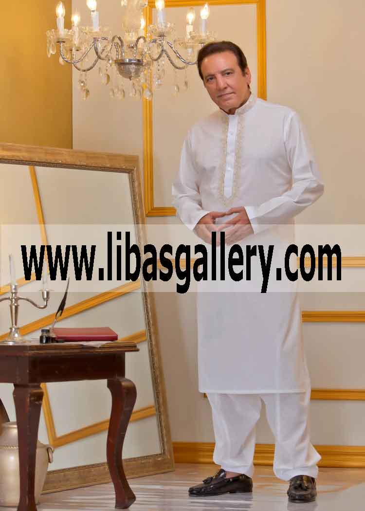 Boss style white embroidered kurta shalwar suit in Summer lawn and pure cotton fabrics Pakistan