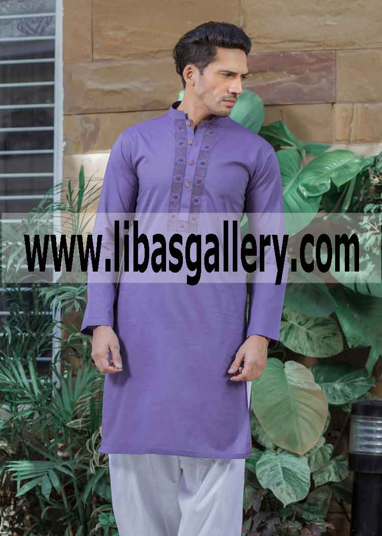 Modern Style Short length purple kurta Embroidery nicely on front round sleeves Vancouver Montreal Canada