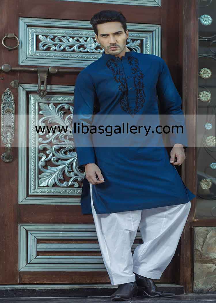 Serious Man in Embroidered Blue Kurta
