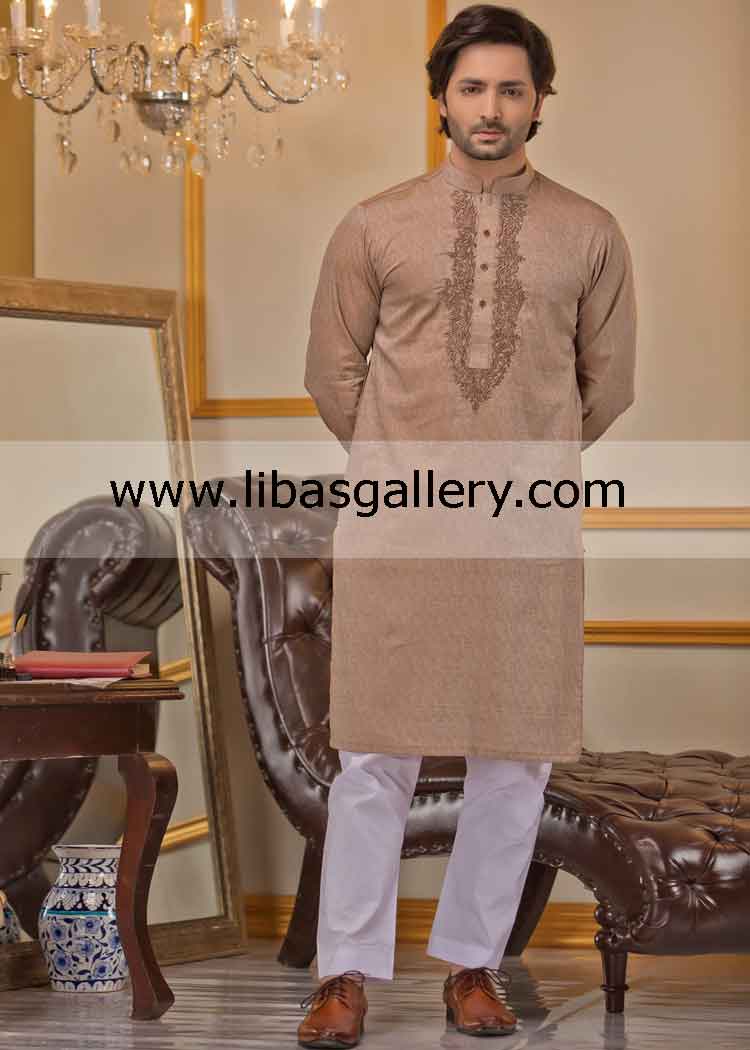 branded kurta pajama suit for men with embroidery on front suitable for Mehndi Party Occasion