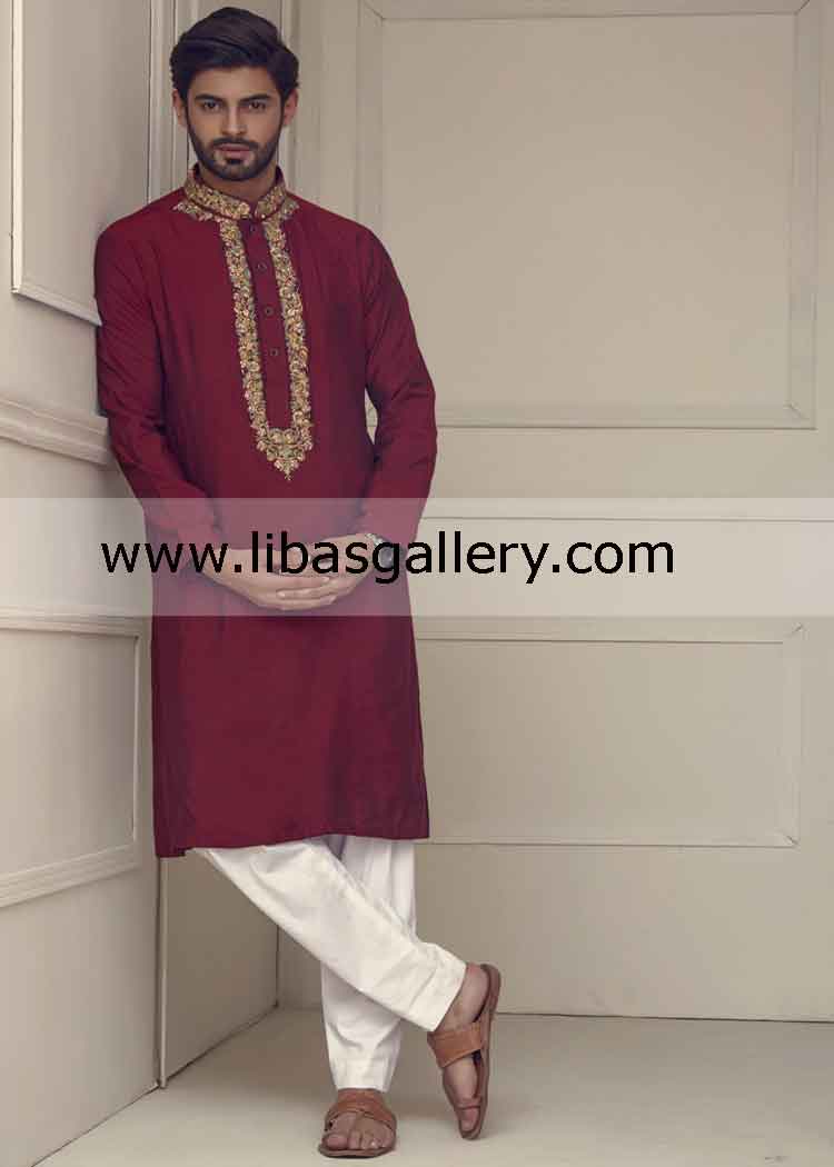 maroon embroidered kurta for mens mehndi night and other cultural events with shalwar buy online uk usa canada qatar