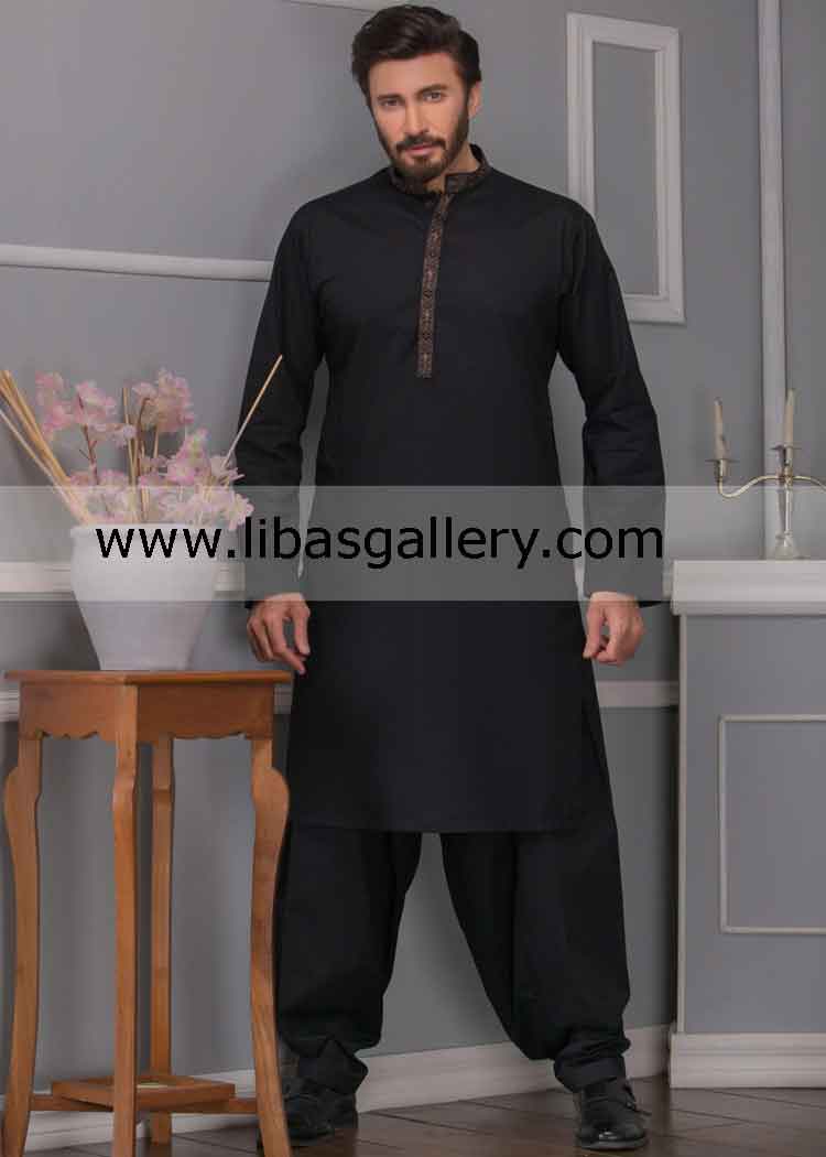 Black Kurta shalwar Embroidered Collar perfection passion Pakistani Men’s Wear Online Shop Miami Los Angeles USA