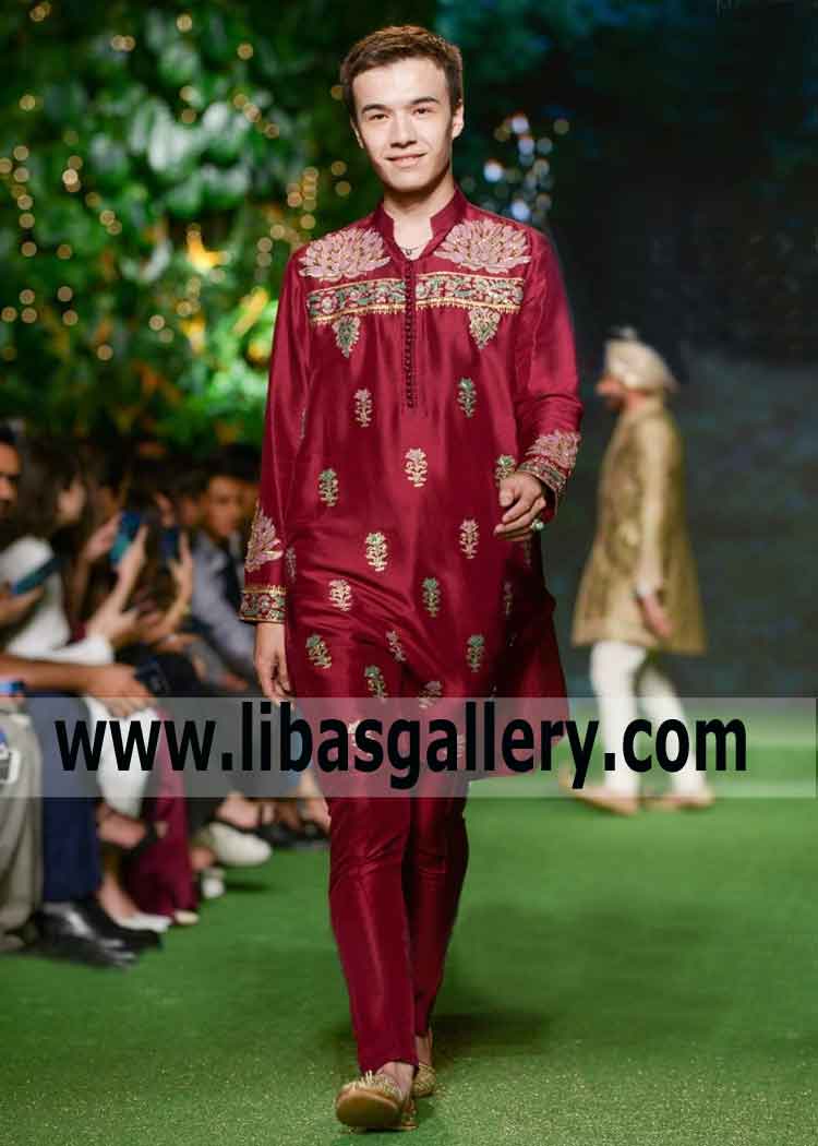 Embroidered kurta pajama for happy boy excited on mehndi day among guests relatives buy custom kurta for son in law Pakistan