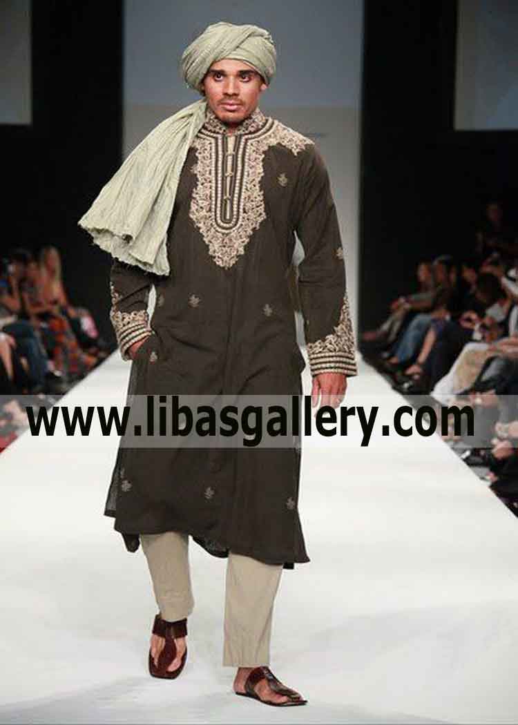 Gray kurta with flavor of delicate embroidery on front collar sleeves suitable for Mehndi Nikah Los Angeles California USA