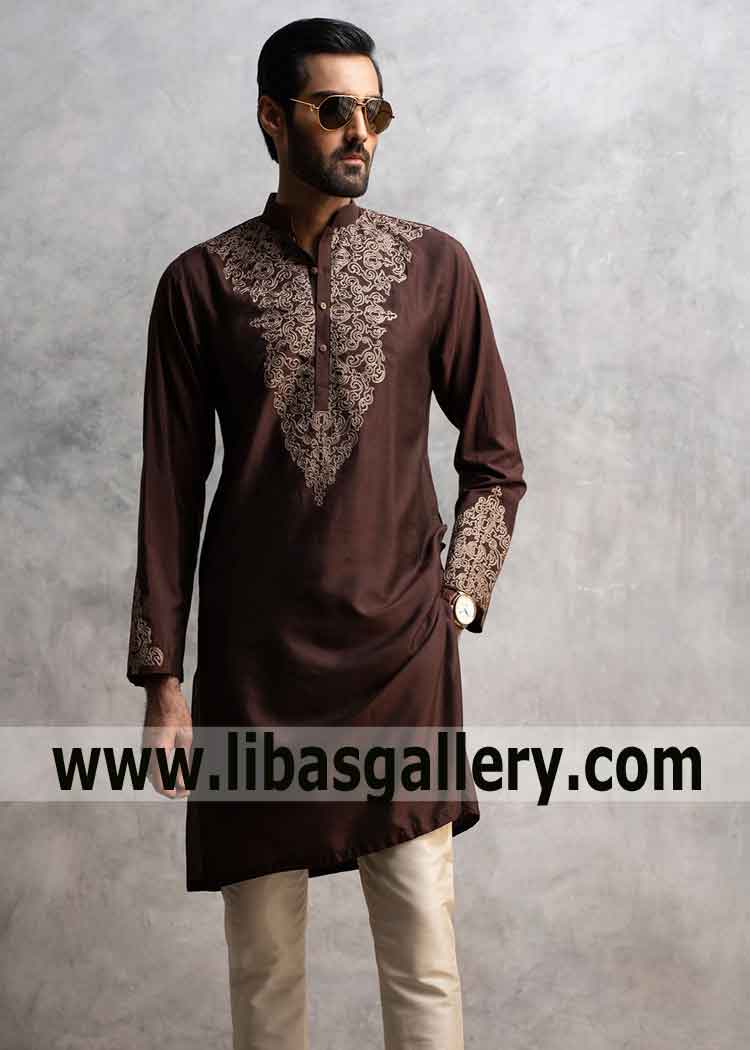 Brown Embroidered Short length kurta for male with pajama high quality cotton silk fabric Bristol Manchester UK