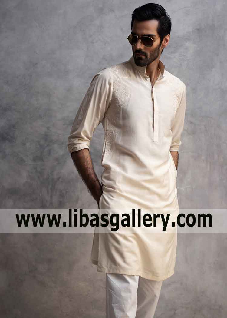 Off white cotton silk fabric embroidered kurta pajama slim fit style professional tailor stitching Toronto Montreal Canada