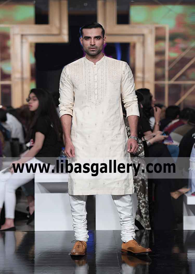 off white embroidered kurta for men to wear in childhood friend mehndi perfect fitting on body size quick delivery UK USA Canada