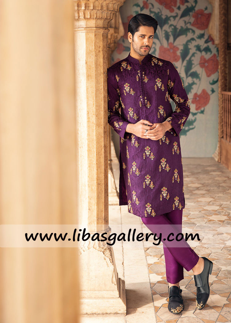 purple silk jamawar kurta adorned with threadwork kora and dabka embellishments UK USA Canada Australia Dubai