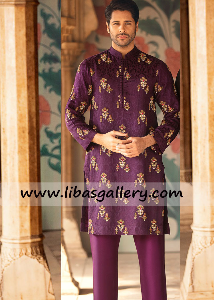 Purple Embroidered men kurta for mehndi and event