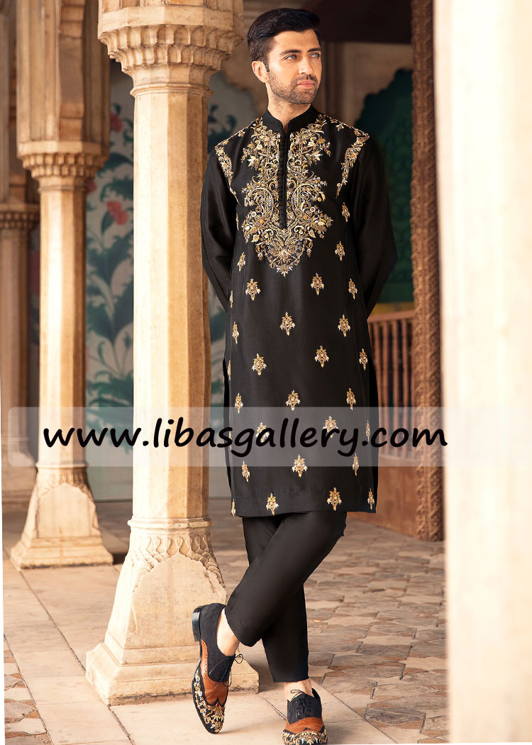 black raw silk kurta embellished with kora dabka threadwork. Paired with monotone raw silk pajamas Saudi Arabia Kuwait Qatar